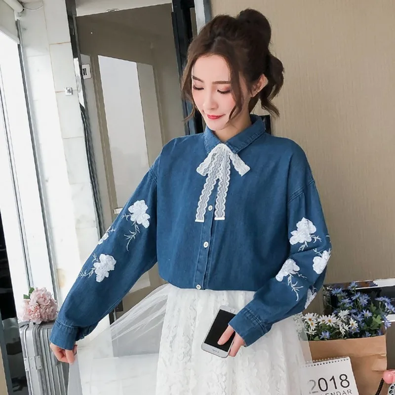 Весенняя Новинка Camisa Feminina Manga Longa вышивка кружево бант на шнуровке повседневные