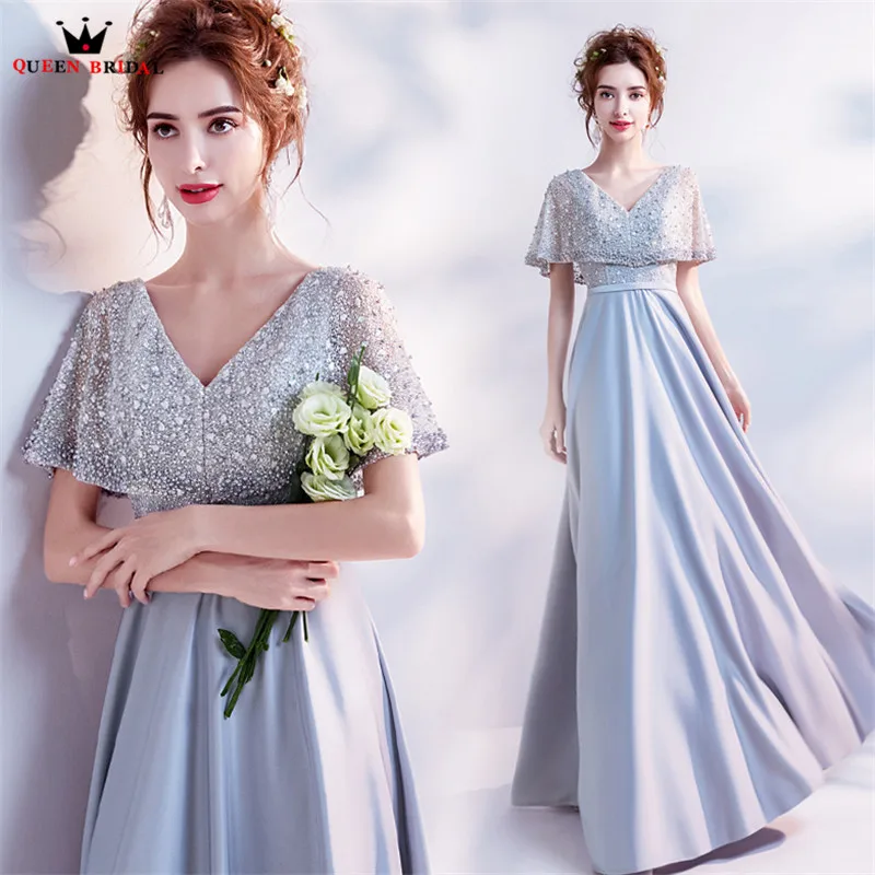 

A-line V-neck Crystal Beaded Pearls Long Formal Silver Evening Gowns Evening Dresses 2018 Prom Party Dress Vestido De Festa NT19
