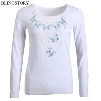 

BLINGSTORY High Quality Diamond Bead Butterfly Plus Size Tops Long Sleeve Autumn T-shirts S-6XL