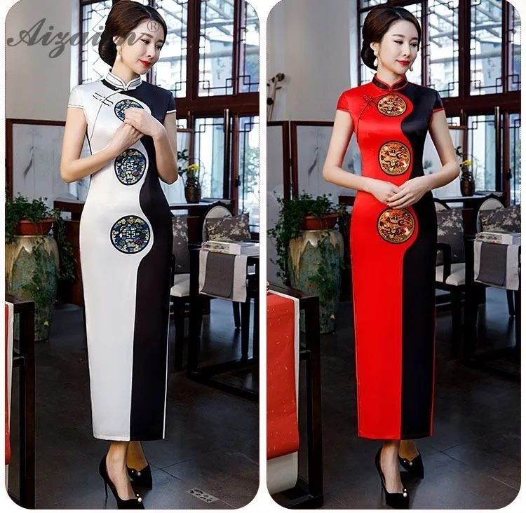 Новый двойной цвет Cheongsam мода шелк Ци Пао современный Slim Fit Qipao для женщин китайское традиционное платье вечерние платья Винтаж