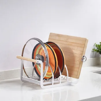 

Kitchen Organizer 3 Slots Pan Cutting Board Holder Dish Rack Stand Iron Storage Shelf with Wood Handler Countertop Drying Stand