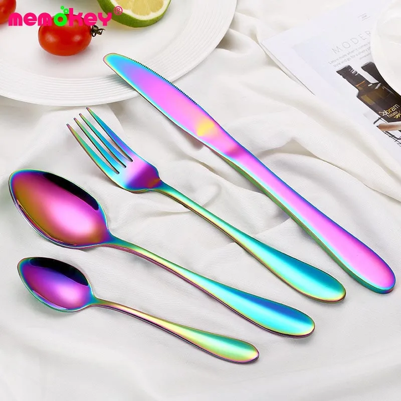 

4 PCs Rainbow Dinnerware Set Stainless Steel Cutlery Set Black Knife Fork Set Tableware Gold Silver Cutleries Western Dinnerware
