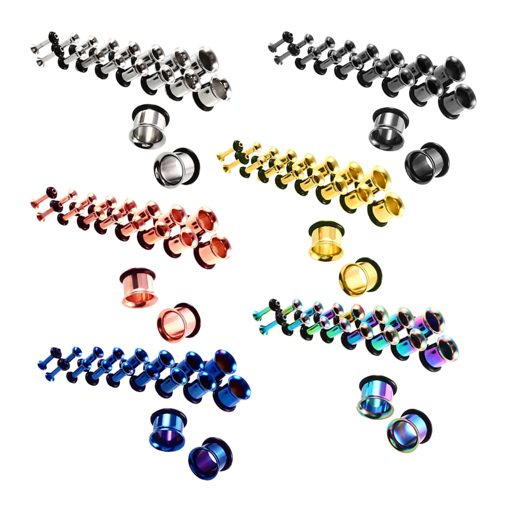 MagiDeal 18pcs/Pack 14G-00G Kit Assorted Stainless Steel Ear Plug Stretching Kit Single Flared with Rubber O-ring