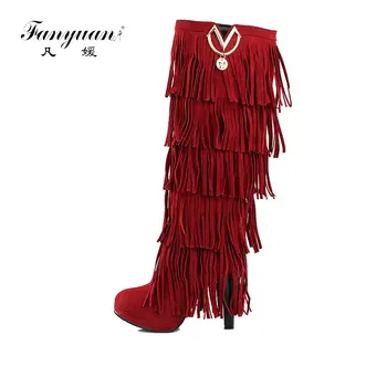 

Fanyuan Plus Size 33-43 Ladies High Heels Over Knee Long Boots Women Thick Platform Tassels Side Shoes Women Autumn Botas