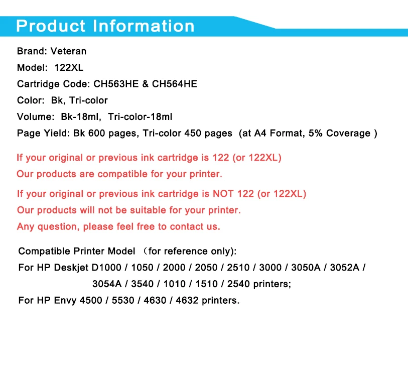 Чернильный картридж Veteran совместимый с 122XL замена для hp 122 hp122 Deskjet 1000 1050 2050s 3000 3050A