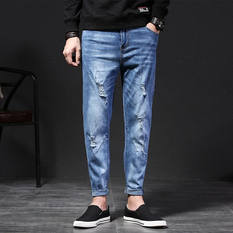 2018 high quality Men's elastic blue jeans men denim Nine pants Slim Regular Straight fit homme Trousers Jean male biker jeans