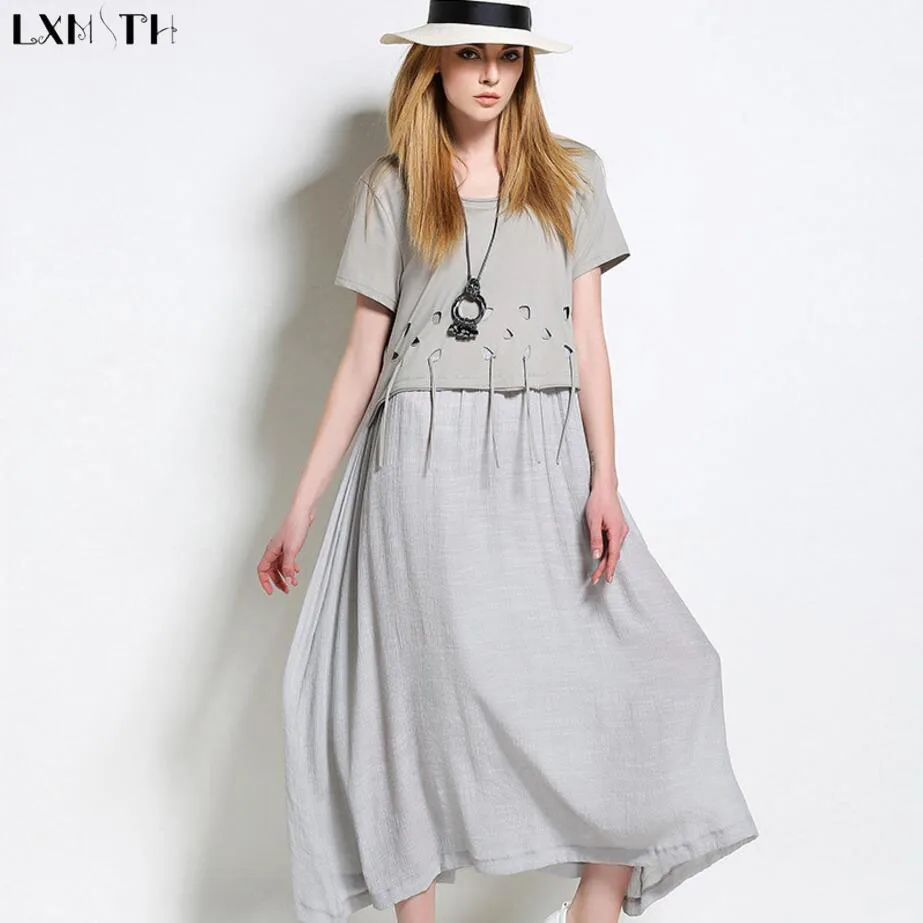 LXMSTH Summer Women Short Sleeve Dress 2018 Fashion Hole Plus Size Casual Cotton Linen Dresses Fake Two Piece Loose Dress Woman