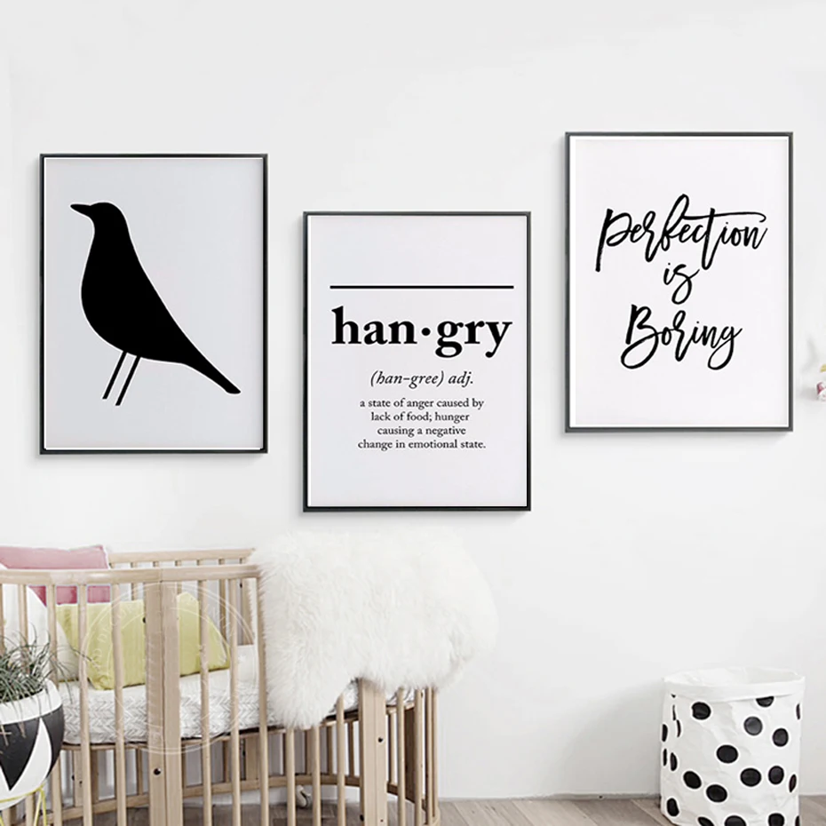 Hungrig Buchstaben Leinwand Gemälde Minimalistischen Schwarz Weiß Zitate Poster Drucken Nordic Wand Kunst Bilder Kinder Wohnzimmer Wohnkultur in Hungrig