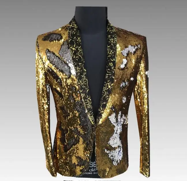Men Plus Size Double-Color Green Blue Silver Gold Red Black Sequins Blazer Singer Costume Prom Wedding Suit Jacket Outfit - Цвет: blackwith gold