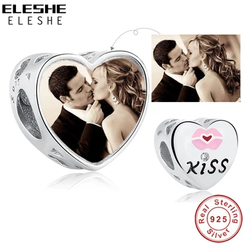 

ELESHE 2019 New Personalized 925 Sterling Silver Kiss Heart Charm Fit Bracelet Engravable Custom Photo Beads DIY Jewelry