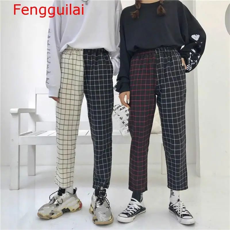 

Unisex Pants 2019 Autumn Winter High Waist Pants Vintage Plaid Patchwork Pants Women Men Trousers Elastics Casual Straight Pant