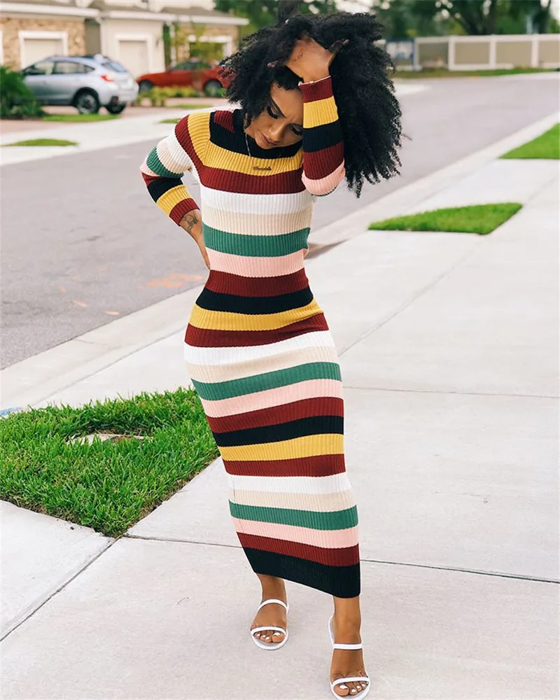 Autumn Long Sleeve Sexy Bodycon Dress Knitted Striped Maxi Dresses Slim Wrap Pencil Dress Christmas Clothes Vestidos05