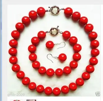 

Genuine 10mm Coral Red South Sea Shell Pearl Necklace Brace Necklace Bracelet Earrings Beads women Jewelry set 925 clasp