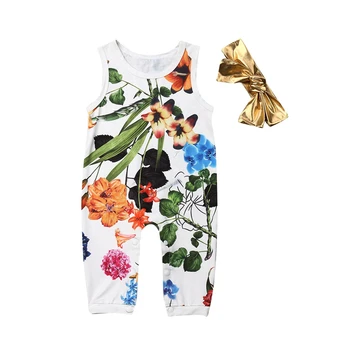 

2Pcs Toddler Baby Girls Floral Romper Sleeveless Jumpsuit Headband Clothes Outfits Rompers Jumpsuits Cotton Baby Girl Clothing