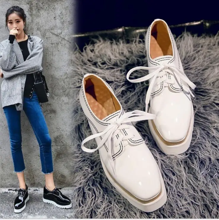 

platform casual shoes woman wedges lace up sewing zapatos de mujer leather shoes spring autum square toe mules loafers