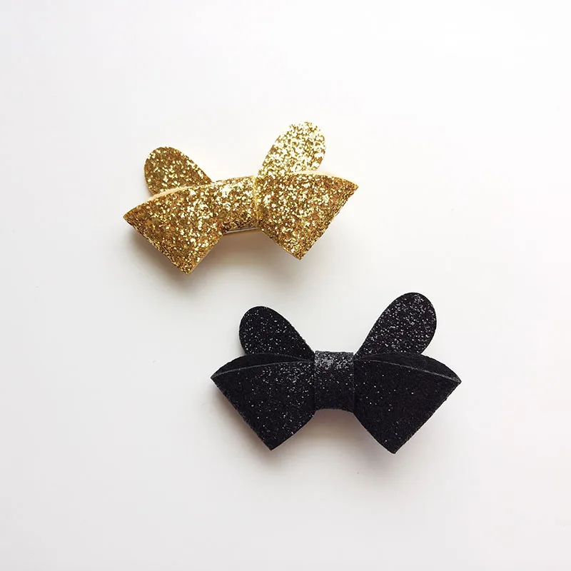 

20pcs/lot Glitter Faux Leather Bow Hair Clip Round Bowknot Kid Black Sparkly Hair Barrette Classic Gold Hair Grips Hair Pinch