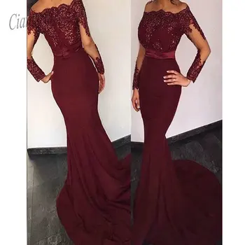 

Off Shoulder Long Sleeves Prom Dress Sexy Burgundy Graduation Dress Mermaid Long Sleeves Burgundy Lace Formal Party Dress