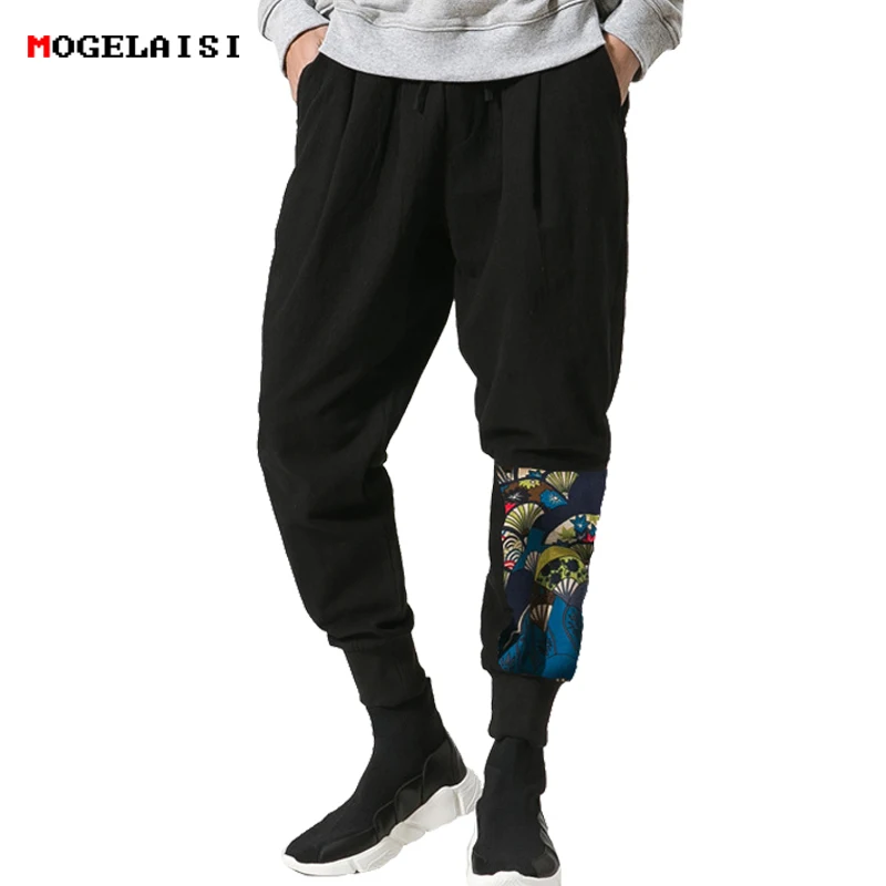 MOGELAISI Men Pants Knight Black Linen Cotton Pencil Pants Pattern Flax