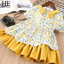 Ele hello enjoy roupas para meninas vestido, de algodão, bonito, criança, menina, amarelo, peter pan colar, festa, princesa, floral vestido de vestido