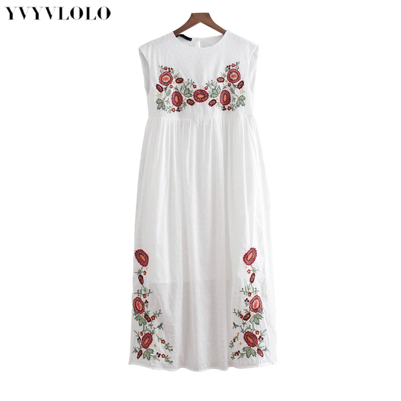 YVYVLOLO белый без рукавов boho длинное платье 2018 Винтаж Цветочный Вышивка
