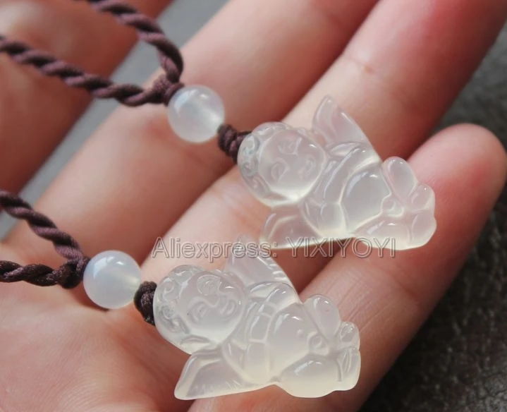 10pcs Chinese Handwork Natural White Agate Jade Carved Cute Angel Lucky Pendant + Red Brown Rope Necklace Fine Jewelry