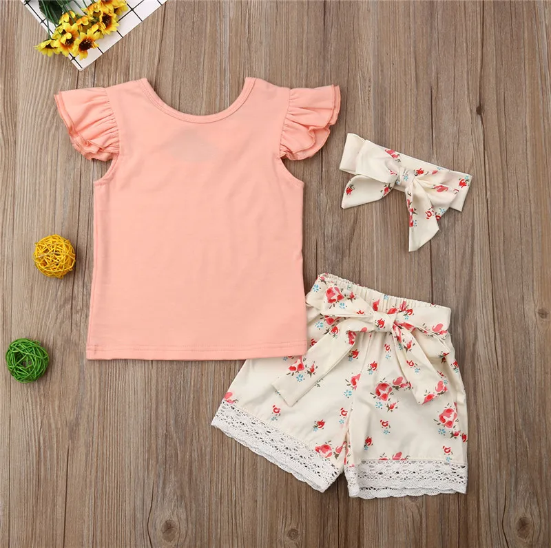 

Toddler Baby Girl Outfits Bow T-shirt Tops+Floral Shorts Headband Clothes Set
