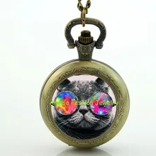 Reloj de bolsillo de gato antiguo de bronce, collar de gatos lindos con gafas de sol, reloj de imagen de gatos divertidos