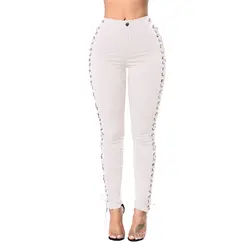 Для женщин Высокая талия узкие брюки-карандаш женский пуговицы повседневные узкие джинсы дамы хорошо тянется уличные джинсы AA11519
