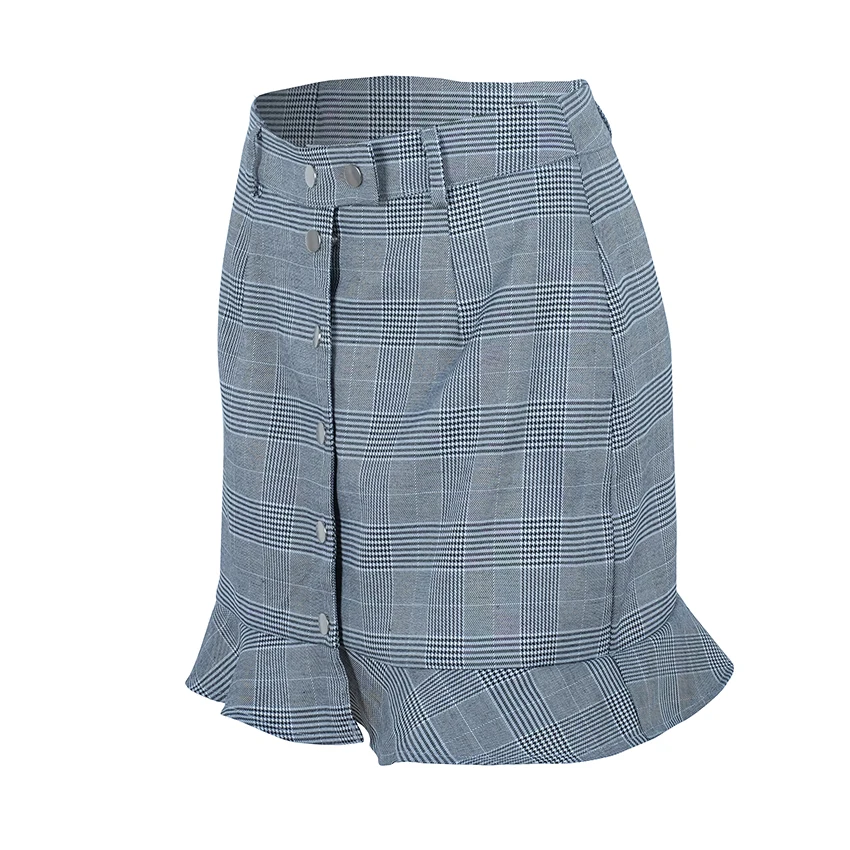 OOTN винтажная черно-белая клетчатая мини-юбка женские юбки-карандаш с высокой талией и оборками Летние повседневные короткие юбки на пуговицах