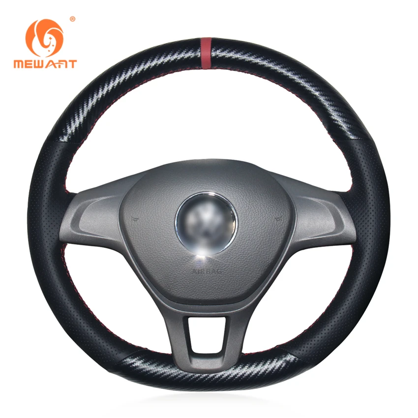MEWANT Black Genuine Leather PU Carbon Fiber Steering Wheel Cover for Volkswagen VW Golf 7 Mk7 New Polo 2014 2015 2016 2017 carbon fiber front headlight cover eyelid eyebrow for vw golf 7 mk7 2014 2015 a style