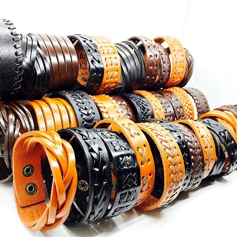 30pcs Genuine Leather Bracelet Men Black/Brown/Coffee Wide Fashion Press button Vintage Cuff charm bangle wristband wholesale