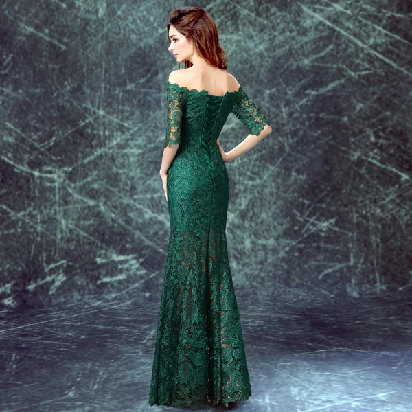 Зеленые кружевные вечерние платья Половина рукава с открытыми плечами с длинными рукавами мама; обувь под свадебное платье для невесты платье для выпускного бала Vestidos longos de luxo