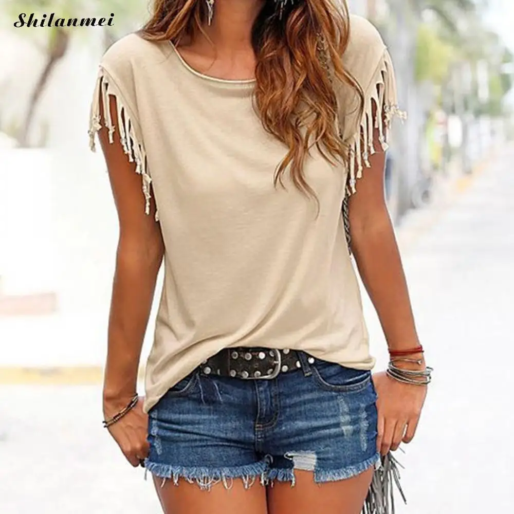 2018 Women Cotton Tassel Casual Sleeveless Solid Color Shirts Top Short Sleeve O neck Women's