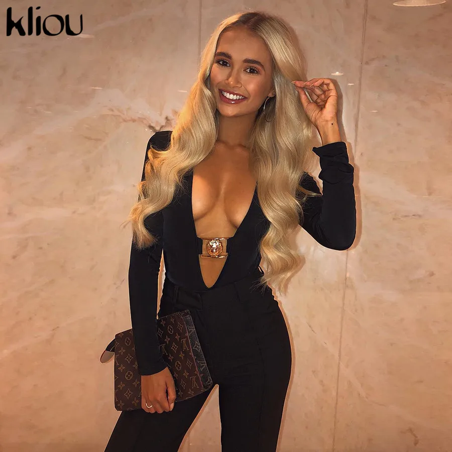 Kliou النساء مثير الأسود العميق الخامس الرقبة ارتداءها 2019 جديد أزياء كاملة كم نحيل ضئيلة الإناث حزب النادي عارضة السروال القصير حللا