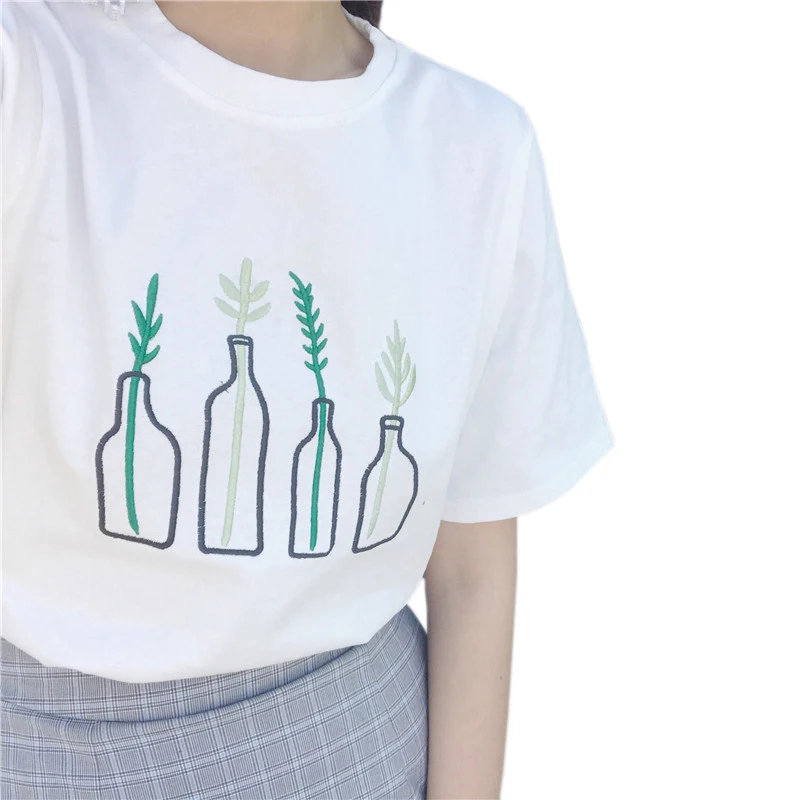 Ulzzang Grass Embroidery T Shirt 2017 Korean Women