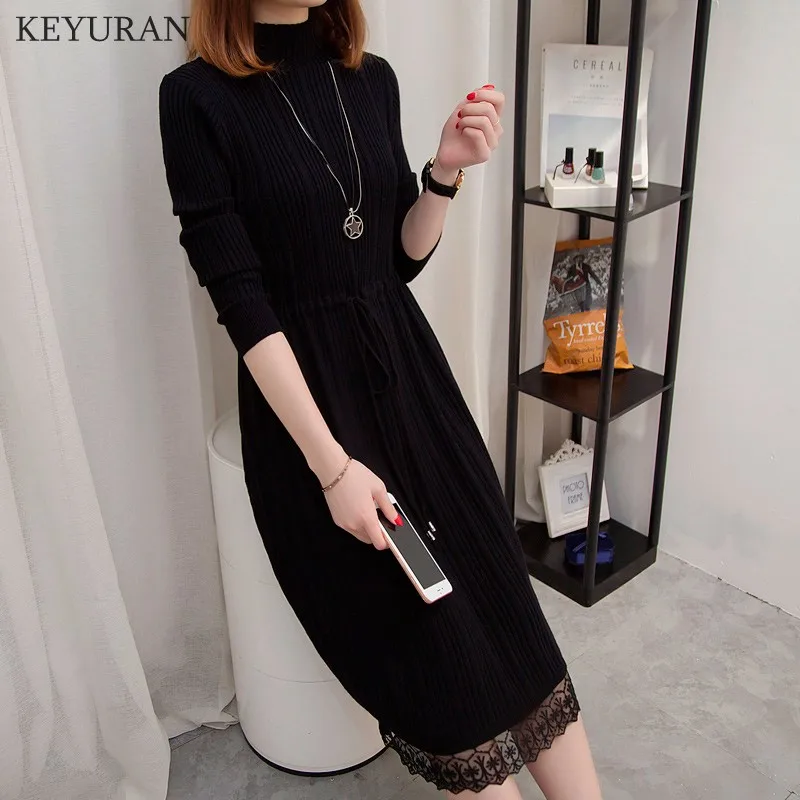 

Sweater Dress Women 2019 Autumn Winter Plus Size Knitted Dresses Pure Color Full Sleeve Lace Patchwork Basic Dresses With Belt