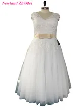 Plus Size Ankle Length Wedding Dress Vintage V Neck Applique Tulle Bridal Gown with Belt vestidos de novia