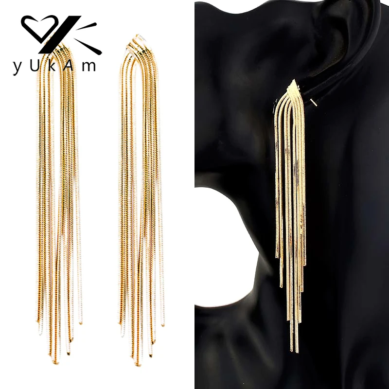 

YUKAM Personality Ear Jewelry Simple Gold Metal Long Tassel Drop Earrings for Women Wedding Dangle Earrings Tassle Brincos Gifts
