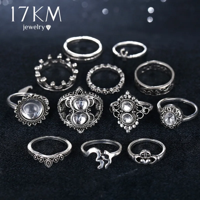 Boho Vintage OM Heart Crown Flower Ring Set for Women 2019 New Bohemian Sliver Midi Fingers Knuckle Rings Crystal Party Jewelry