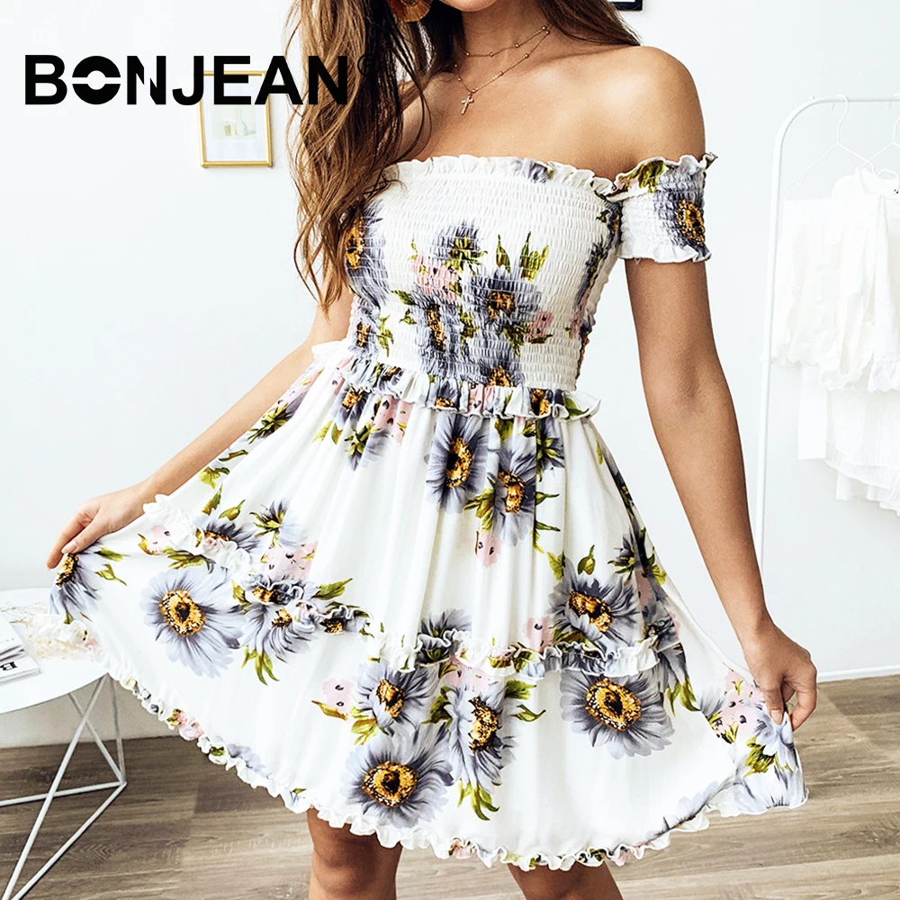 

Sunflower Dress Women Short Sleeve Backless Ruffle Yellow Blue Off Shoulder Dress Summer Beach Sundresses Vestido Boho Z022