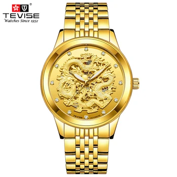 

TEVISE Luxury 3D Dragon Gold Watches Men Skeleton Automatic Mechanical Watch Self Wind Vintage Man Luminous Analogs Wristwatch