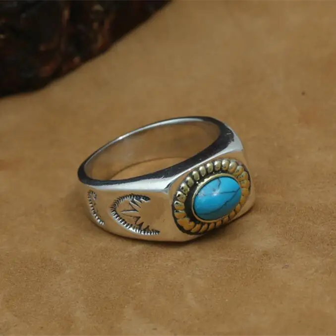 

100% Real Pure 925 Sterling Silver Ring Men Blue Natural Stone Vintage Indian Style Cool Thick Band Mens Jewelry Free Box , 15g