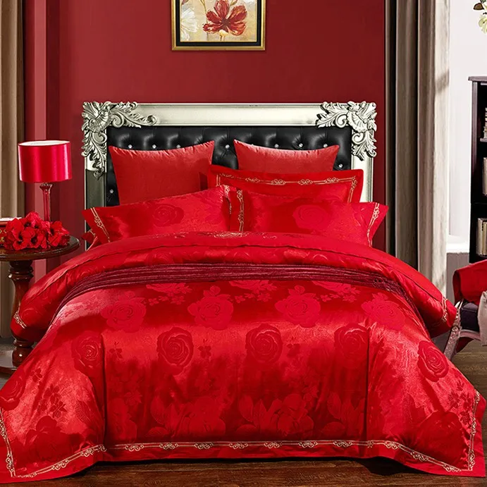 Red Wedding Bedding set Satin Jacquard bedspread Luxury Chinese