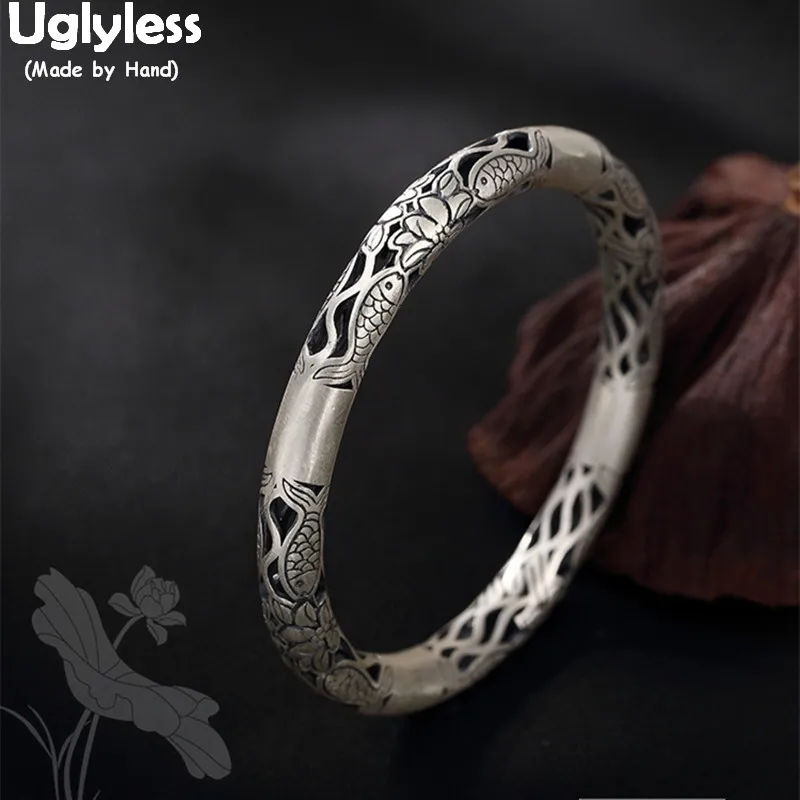 

Uglyless 100% Real 990 Full Silver Handmade Carved Fish Hollow Bangles for Women Ethnic Vintage Bangle Thai Silver Lotus Jewelry