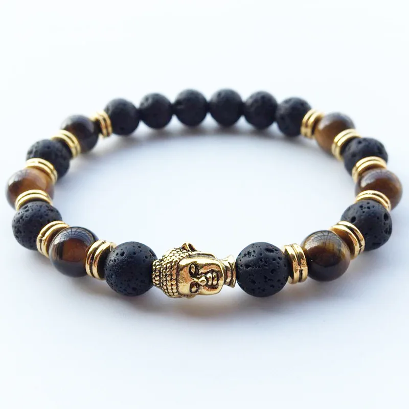 

Black Vintage Buddha Beads Men's Bracelet Hand Polished Natural Lava Volcanic Stone Tiger Leopard Skull Lion Head