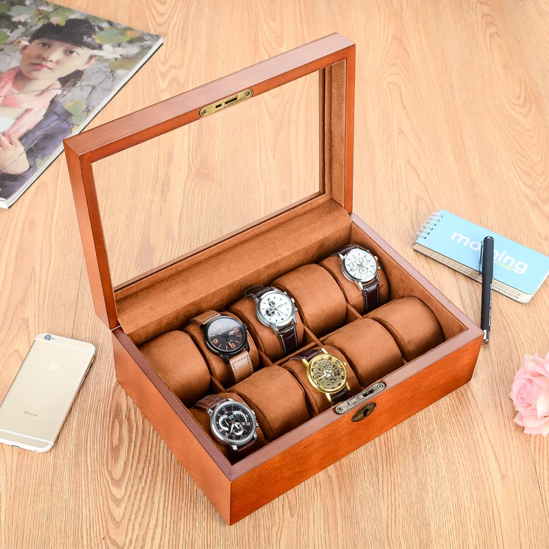 10 слотов деревянная коробка для часов корпус органайзер для часов с замком Подушка Мужской Дисплей Механический чехол для часов держатель WB055