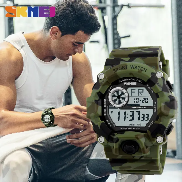 SKMEI-Reloj deportivo al aire libre para Hombre, pulsera con alarma, estilo militar, resistente al agua, pantalla LED, Digital, 2019 6
