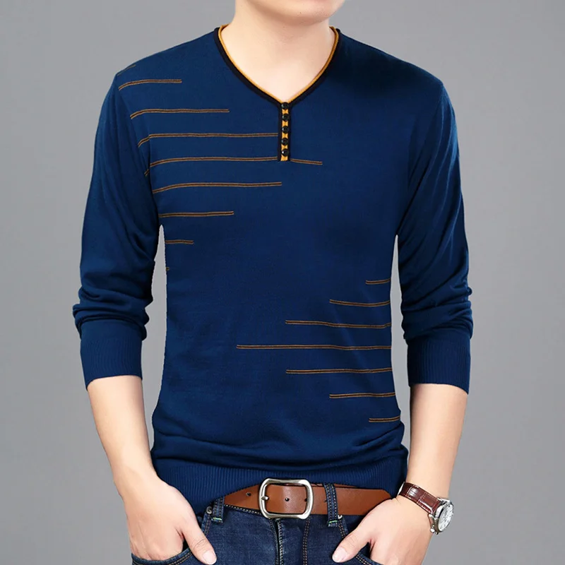 Mens V Neck Long Sleeve T-shirt Tee Solid Knitted Sweater Pullover Knitwear Tops