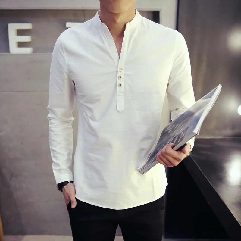 Китайские топы для мужчин с длинным рукавом, хлопковые льняные рубашки в китайском стиле, одежда для кунг-фу Тай Чи, китайская блуза CN-031 - Цвет: Белый