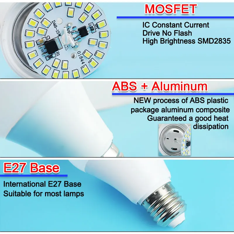 Bombilla LED de alta calidad de vatios Real E14 E27 lámpara LED 7 W 9 W 12 W 15 W Eco 5 W 2835 V SMD 220 5730 luces LED Lampara Bombilla ampolla
